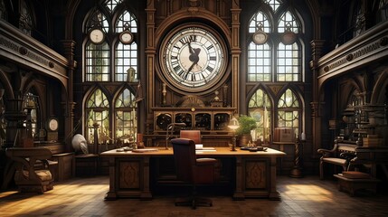 Vintage Study Room with Grand Clock and Gothic Windows - obrazy, fototapety, plakaty