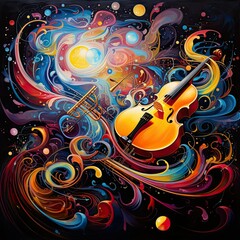 Abstract Melody: Violin with Musical Notes in Cosmic Flow