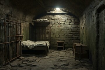 An obscure depiction of a dim, alone prison cell. Generative AI