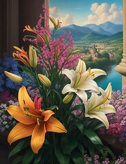 A mesmerizing oil painting of a bouquet of lilies
