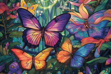 Ethereal Wings: Graceful Butterfly Drawings Depict Butterflies Flitting Amidst a Lush Garden, Creating a Kaleidoscope of Colors, generative AI