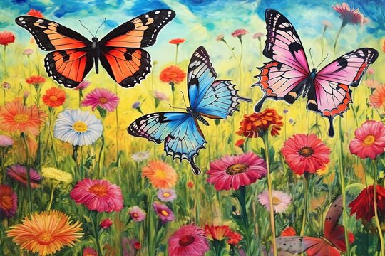 Wildflower Wonderland: Rainbow-Hued Wings and Graceful Butterflies Dance, generative AI