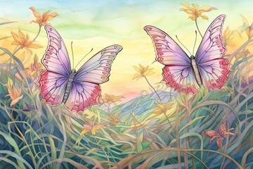 Whimsical Flight: Exquisite Patterns and Soft Pastel Hues of Fluttering Butterflies Amidst a Serene Meadow, generative AI