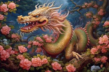 Fototapeta premium Enchanting Chinese Dragon: Scale Colors Shimmering in a Blossoming Garden, Harmonizing with Nature, generative AI