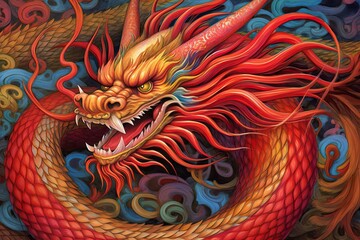 Ancient Wisdom Guarded: Fiery Crimson and Royal Gold Unleash the Enchanting Power of a Chinese Dragon Drawing, generative AI
