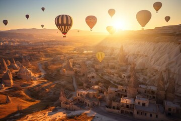 Cappadocia's air balloons, set against the mesmerizing canvas of the sunset sky, create a breathtaking spectacle in Turkey. AI-generated.