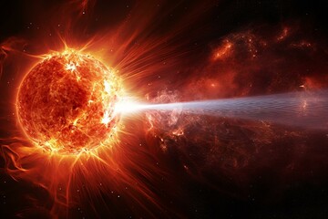 Representation of solar flare and plasma flash on a star's surface, alongside Earth and numerous stars. Generative AI