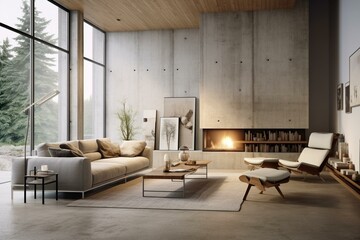 Scandinavian-style living room with concrete, wood, and white wall. Generative AI