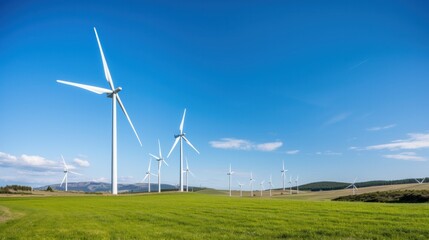Wind turbine on grass field landscape. World environment and earth day concept.