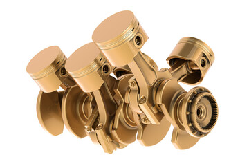 Golden V6 engine pistons and cog, 3D rendering isolated on transparent background