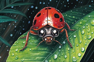 Cheerful Ladybug Drawing: Perched on a Dew-Kissed Leaf, Wings Painted in Brilliant Red and Ebony Spots for Good Luck, generative AI