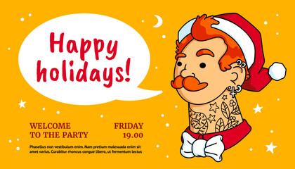 Santa tattoo. Claus party, funny Christmas invitation with strong beard man, old school sailor, Xmas banner. New Year hat or cap, piercings, earrings and bow tie. Vector cartoon background 