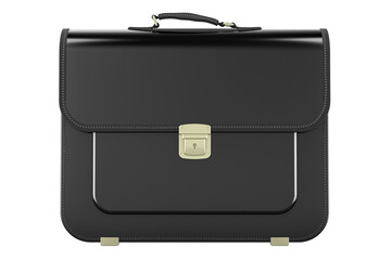 Classic black leather briefcase, front view. 3D rendering isolated on transparent background