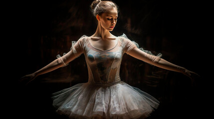 Young graceful gorgeous classical ballet female dancer ballerina in blue and white tutu is...