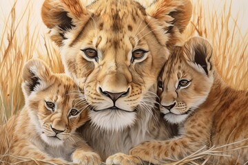 Majestic Lioness and Her Cubs: Nurturing Love and Strength in the Serengeti - A Powerful Lion Drawing, generative AI - obrazy, fototapety, plakaty