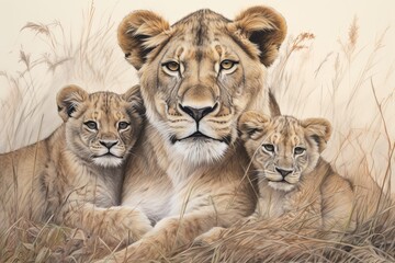 Obraz premium Serengeti Lioness Drawing: Nurturing Love and Strength with Majestic Cubs, generative AI