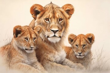 Majestic Lioness: Graceful Power and Fierce Love in the Serengeti - Drawing of a Lion Protecting Her Cubs, generative AI - obrazy, fototapety, plakaty