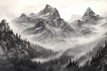 Majestic Mountain Range: Enveloped in Mist, Standing Tall and Mighty in Nature's Grandeur - A Breathtaking Drawing, generative AI