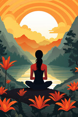 color block digital illustration of a young woman doing yoga/breath work/meditation in nature  for mental health/calm/stillness in a textured hand drawn style for focus/concentration/productivity