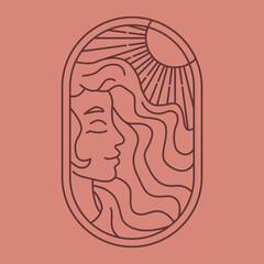 boho logo girl and sun oval shape aestethic icon.