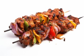 Appetizing shish kebab on skewers. Traditional American cuisine. Popular authentic dishes....