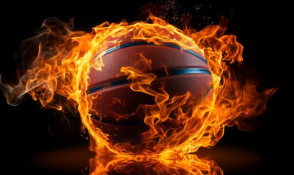 Basketball in flames of fire. The concept of a hot game and principled rivalry. Background with selective focus