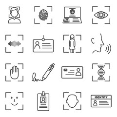 Icon set of Biometric Identity Vector Line . biometric authorization, identification and verification symbols. Fingerprint recognition, eye and palm scanning, face and voice authentication.
