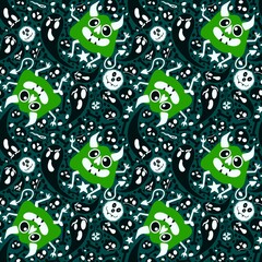 Halloween monsters seamless pumpkins and ghost and bones pattern for wrapping paper and fabrics and linens
