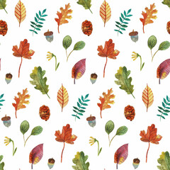Obraz premium Autumn illustration with leaves and acorns, pattern
