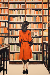 color block digital illustration of a young woman surrounded by books in library/bookstore reading/working/research In a textured hand drawn style for focus/concentration/productivity