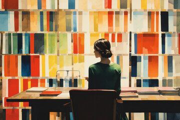 color block digital illustration of a young woman sitting in library/bookstore at a desk reading/working/research In a textured hand drawn style for focus/concentration/productivity