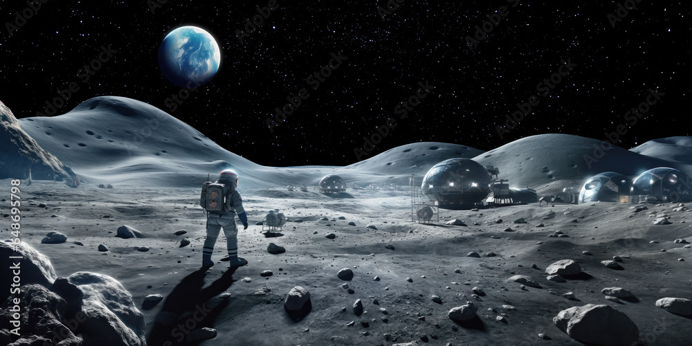 Wall mural concept of a futuristic lunar base with advanced structures, astronaut in space suit and the earth s
