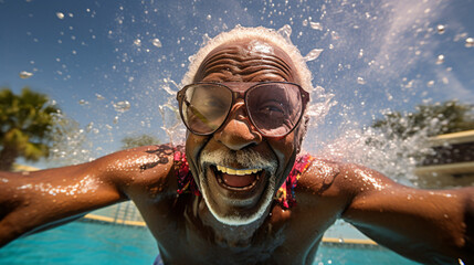 African American Senior Man with Swimming Glasses Enjoying Pool Time