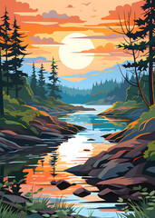 Sunset in the forest and river