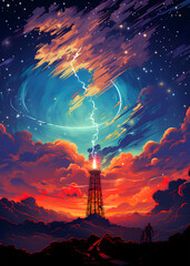 Electric power tower in an abstract colorful landscape 