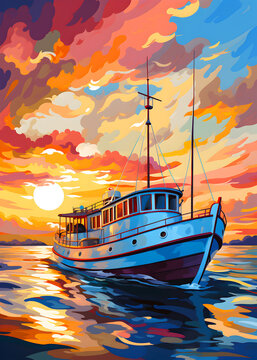 Boat down a colorful sunset landscape 