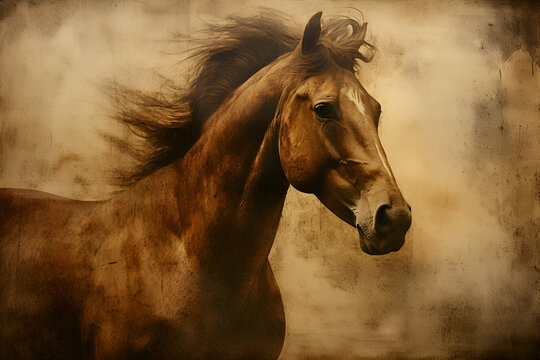Beautiful running horse portrait. Elegance, Strength and Freedom concept. Vintage style. Digital Ai