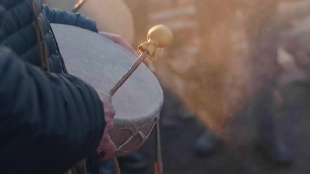American Indian Drumming Circle, Skin Drum & Mallet, Smoke, 120fps Slow motion, Indian Reservation, spiritual, New Mexico USA