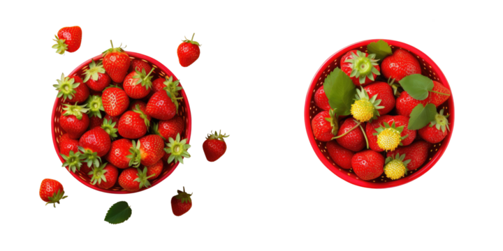 Png Set Close up top view of ripe red strawberries with yellow seeds and green leaves presented in a black plastic basket transparent background