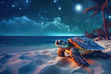 Fotobehang Sea turtle on sandy beach at night under starry sky with palms on the background © ChaoticDesignStudio