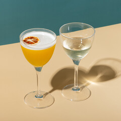 Alcoholic cocktail with foam in two glasses on a colored background with hard shadows.