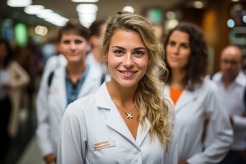 female doctor in a lab coat, smiling at the camera with her colleagues in the background