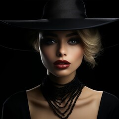 Beautiful woman with a black hat on black background