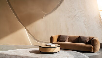 Fototapeta na wymiar Brown sofa and round wooden coffee table. Loft minimalist home interior design of modern living room