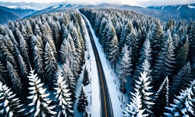 Road leading through snowcapped winter forest. Aerial view.