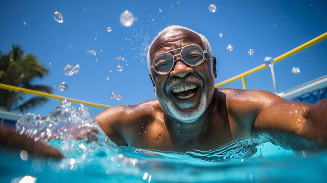 African American Senior Man With Swimming Glasses Enjoying Pool Time