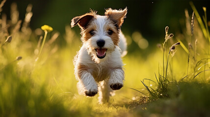 Happy cute Jack Russell dog running on green grass, outdoors in summer
