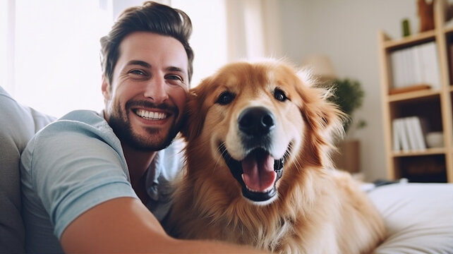 Happy dog and man together, friend of people at home