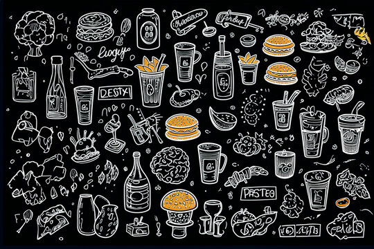 Set of food and drinks doodle on chalkboard background