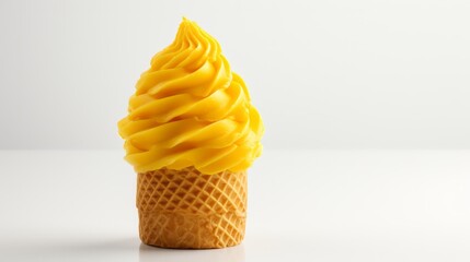 Mango ice cream. Natural ice cream with Mango in a waffle glass on a white background, copy space, horizontal format, photo AI generated - obrazy, fototapety, plakaty